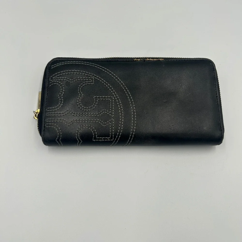 Tory Burch Wallet Womens OS Black Leather Stitched Logo Zip Around B-029